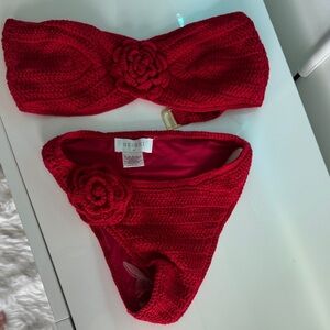 Meshki Red Crochet Bandeau Bikini Set with Floral Rosette Details